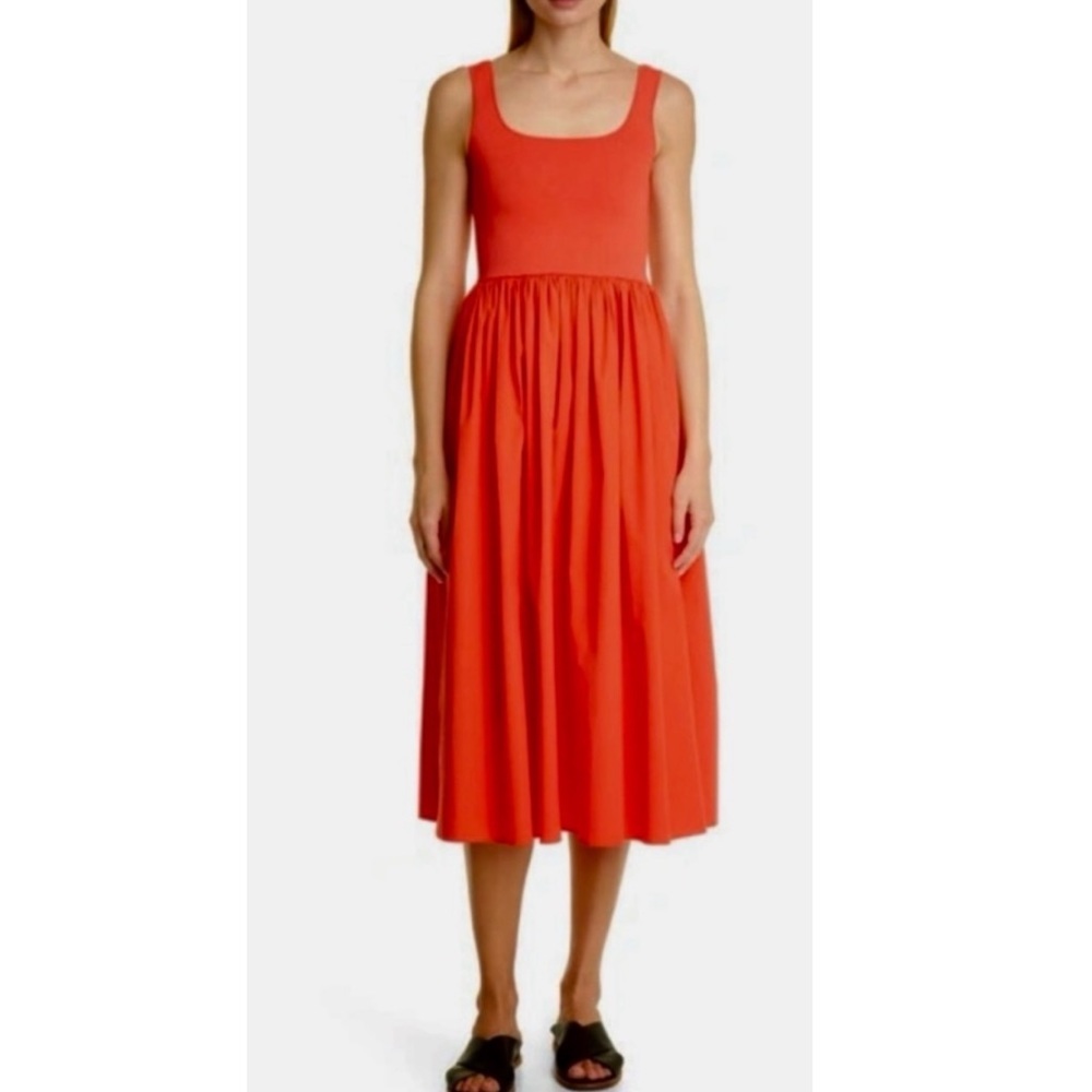 Theory Sleeveless Volume Dress In Glossed Poppy.